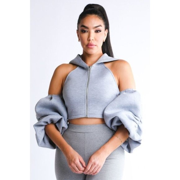 Women's Cold Shoulder Puff Sleeve Crop Top With Hoodie And Matching Pants Set - Picture 3 of 4